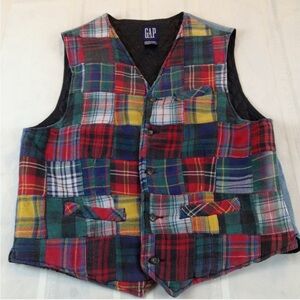 Vintage GAP Cotton Blend 5-Button Multicolor Plaid Denim Quilted Vest Men's